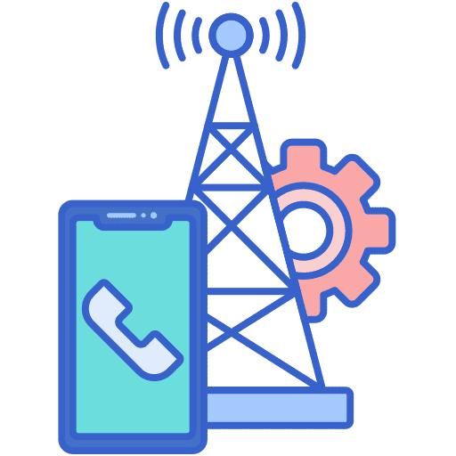 A phone with a radio tower and gears.